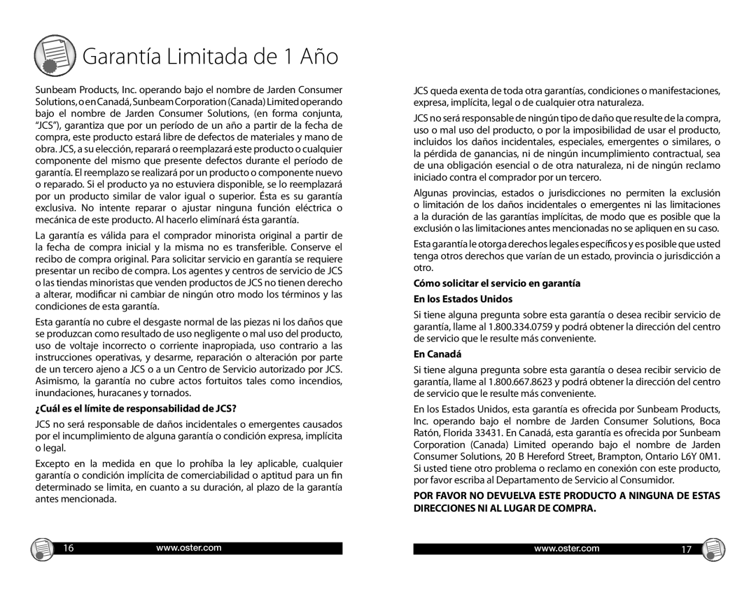 Oster CKSTGRRM25 warranty ¿Cuál es el límite de responsabilidad de JCS?, En Canadá 