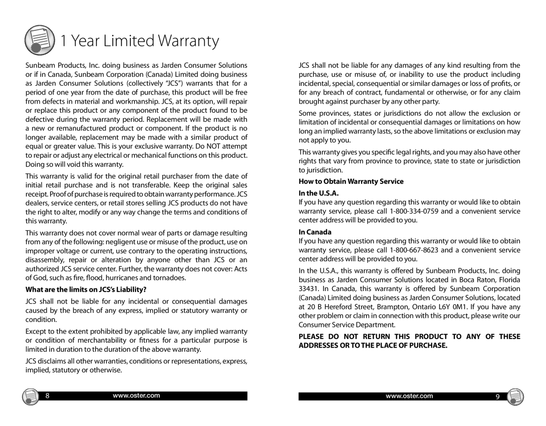 Oster CKSTGRRM25 warranty Year Limited Warranty, What are the limits on JCS’s Liability?, In Canada 