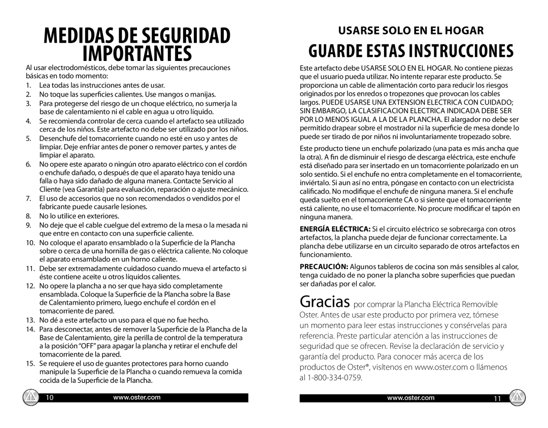 Oster CKSTGRRM25 warranty Usarse Solo En El Hogar, Importantes, Medidas De Seguridad, Guarde Estas Instrucciones 