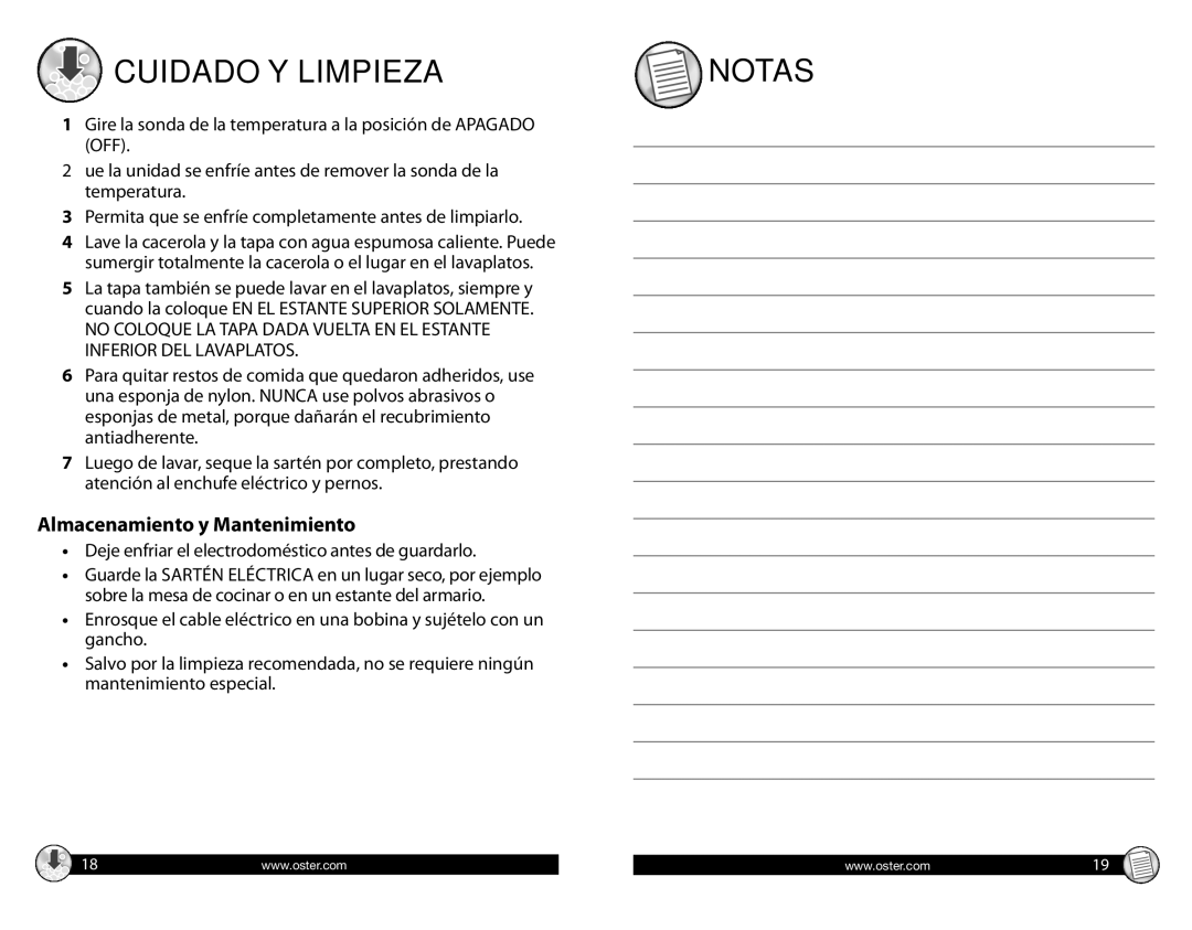 Oster CKSTSKFM05 warranty Cuidado Y Limpieza, Notas, Almacenamiento y Mantenimiento 