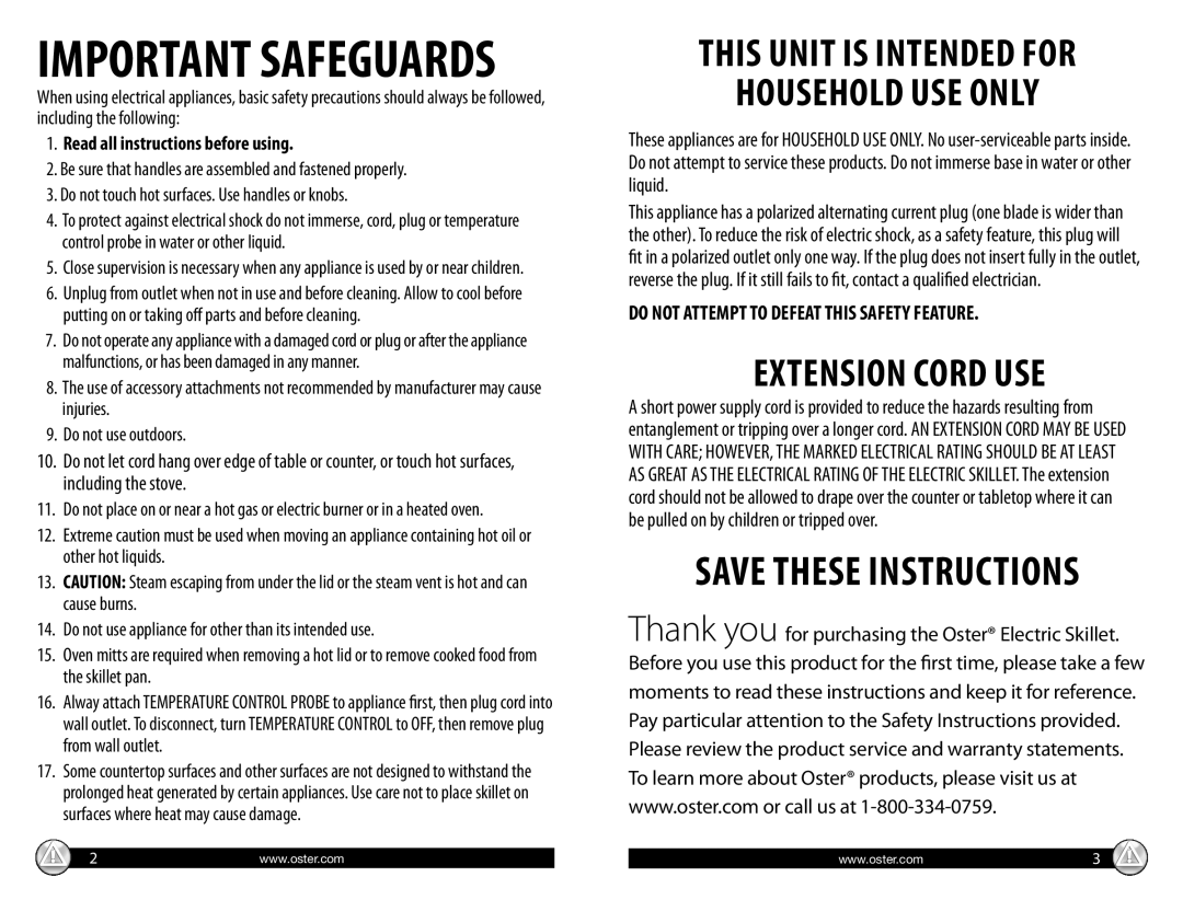 Oster CKSTSKFM05 warranty Important Safeguards, Read all instructions before using 