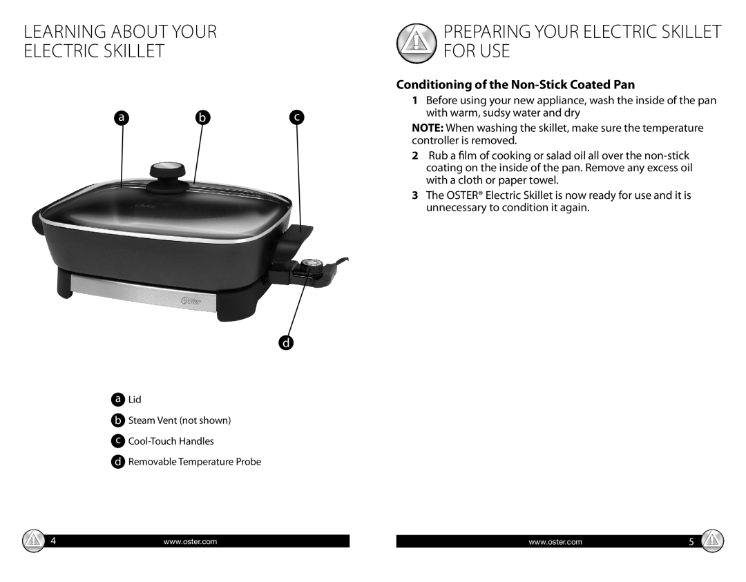 Oster CKSTSKFM05 warranty Learning About Your, For Use, Conditioning of the Non-StickCoated Pan, Electric Skillet 