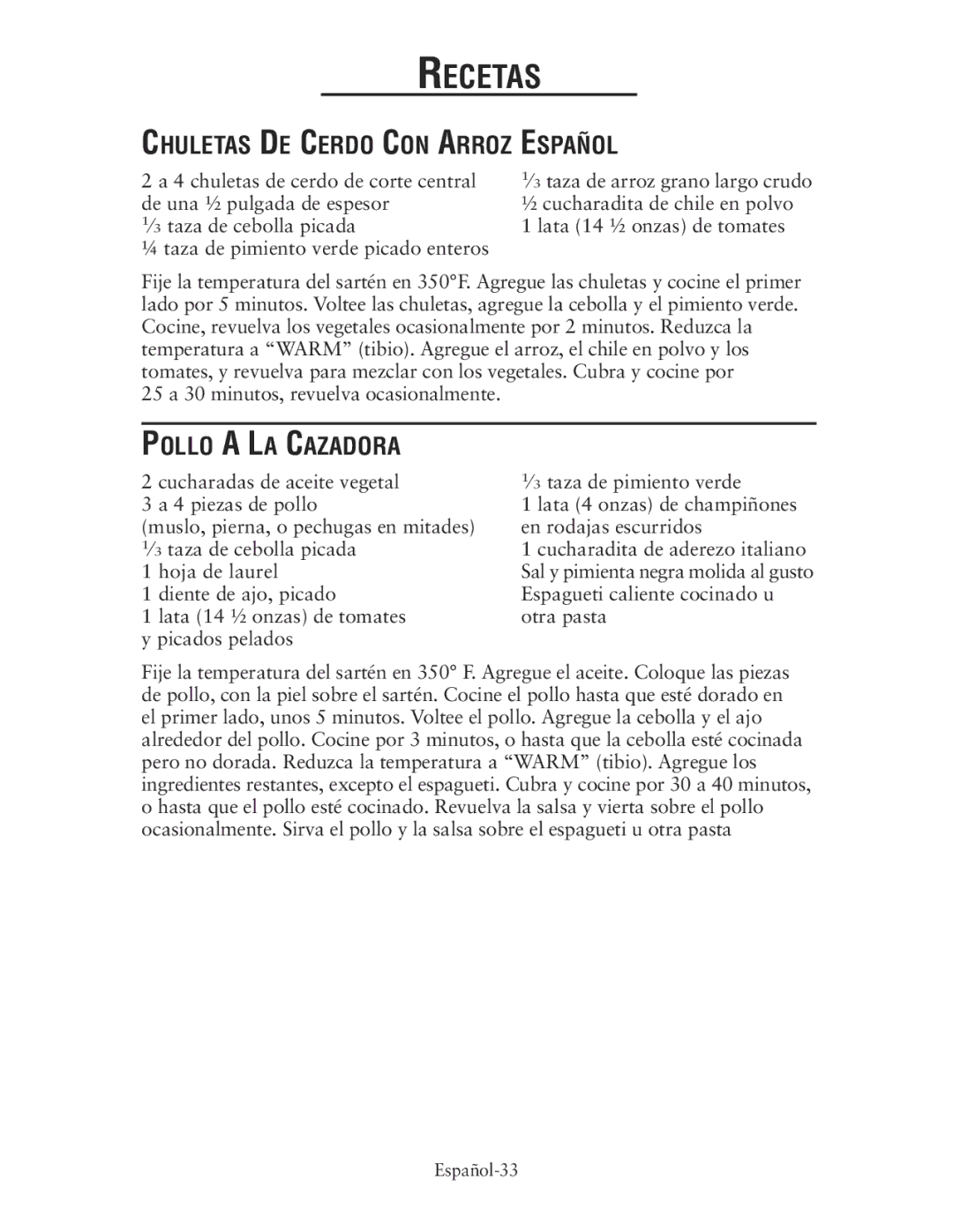 Oster CKSTSKRM20 user manual Chuletas DE Cerdo CON Arroz Español, Pollo a LA Cazadora 