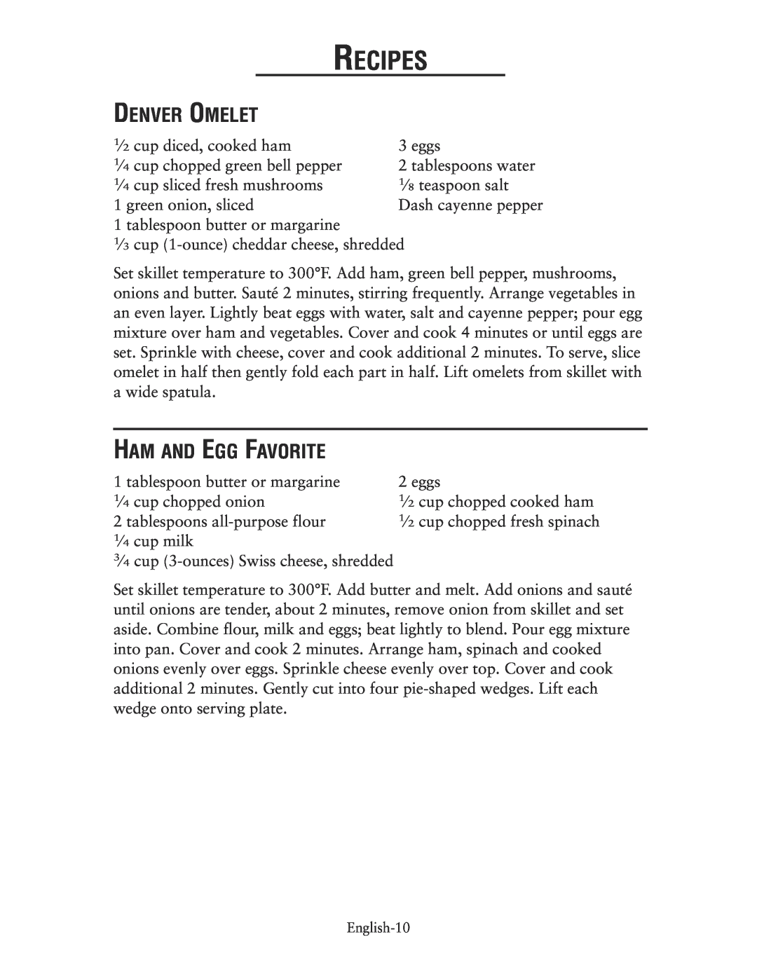 Oster CKSTSKRM20 user manual Denver Omelet, Ham And Egg Favorite, Recipes 