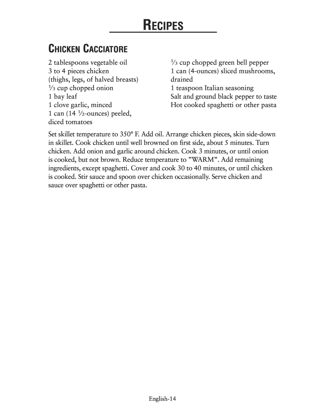 Oster CKSTSKRM20 user manual Chicken Cacciatore, Recipes 