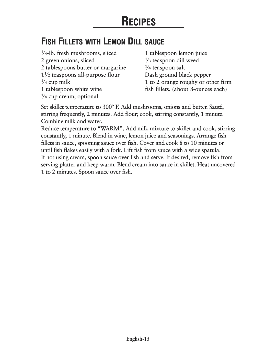 Oster CKSTSKRM20 user manual Fish Fillets With Lemon Dill Sauce, Recipes 