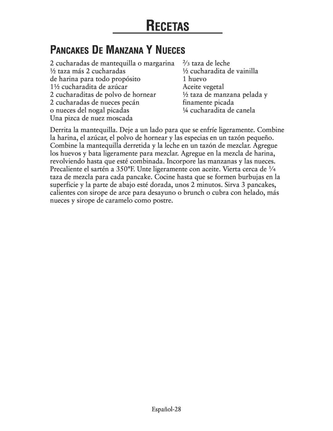 Oster CKSTSKRM20 user manual Recetas, Pancakes De Manzana Y Nueces 