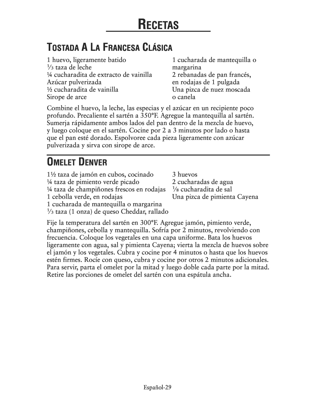 Oster CKSTSKRM20 user manual Tostada A La Francesa Clásica, Omelet Denver, Recetas 
