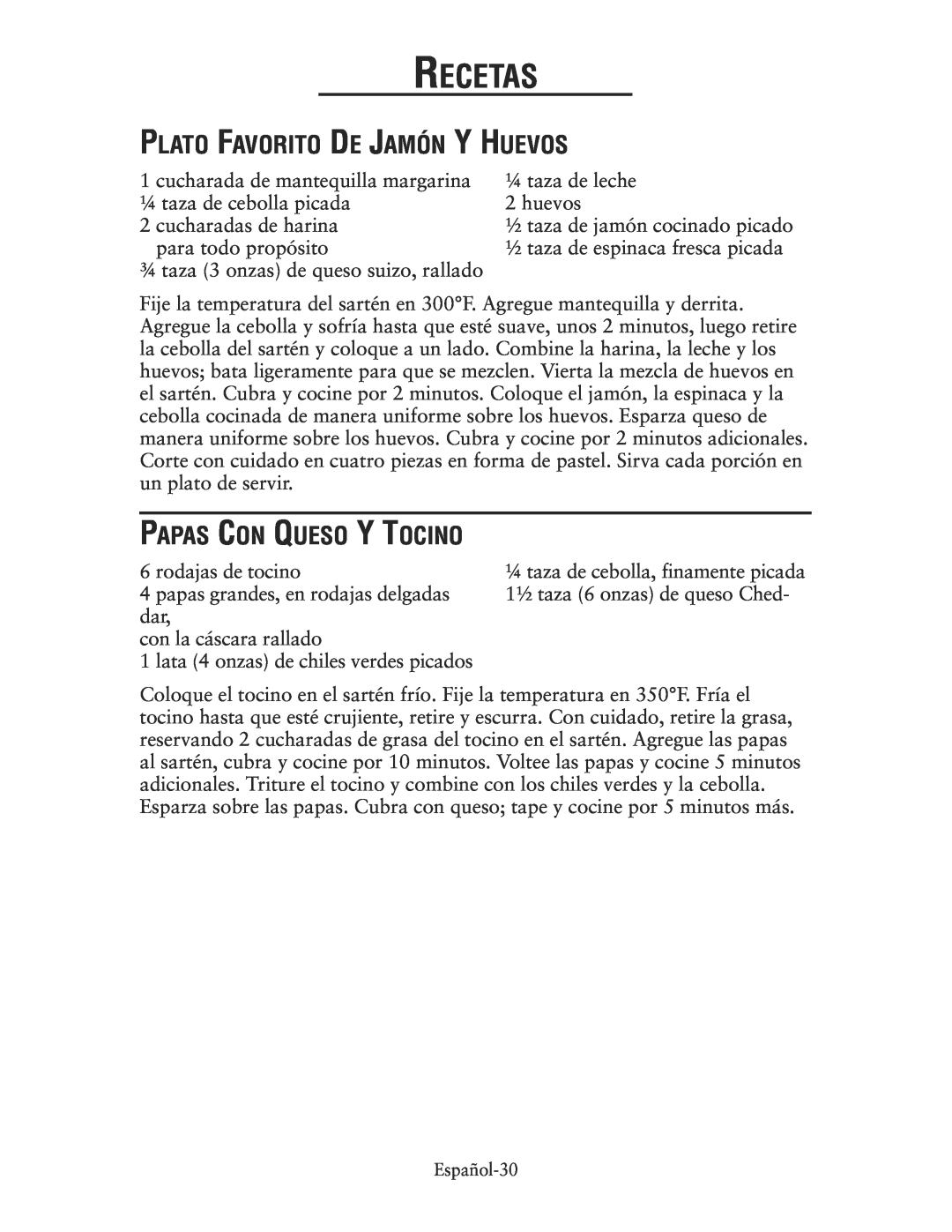 Oster CKSTSKRM20 user manual Plato Favorito De Jamón Y Huevos, Papas Con Queso Y Tocino, Recetas 