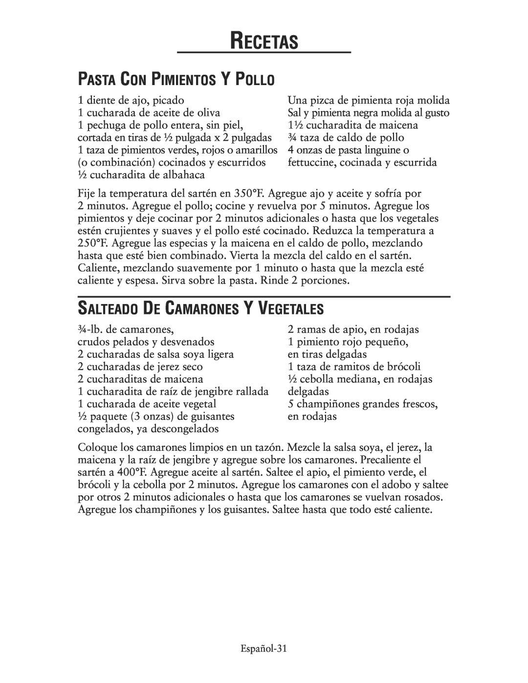 Oster CKSTSKRM20 user manual Pasta Con Pimientos Y Pollo, Salteado De Camarones Y Vegetales, Recetas 