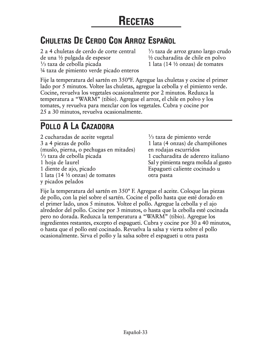 Oster CKSTSKRM20 user manual Chuletas De Cerdo Con Arroz Español, Pollo A La Cazadora, Recetas 
