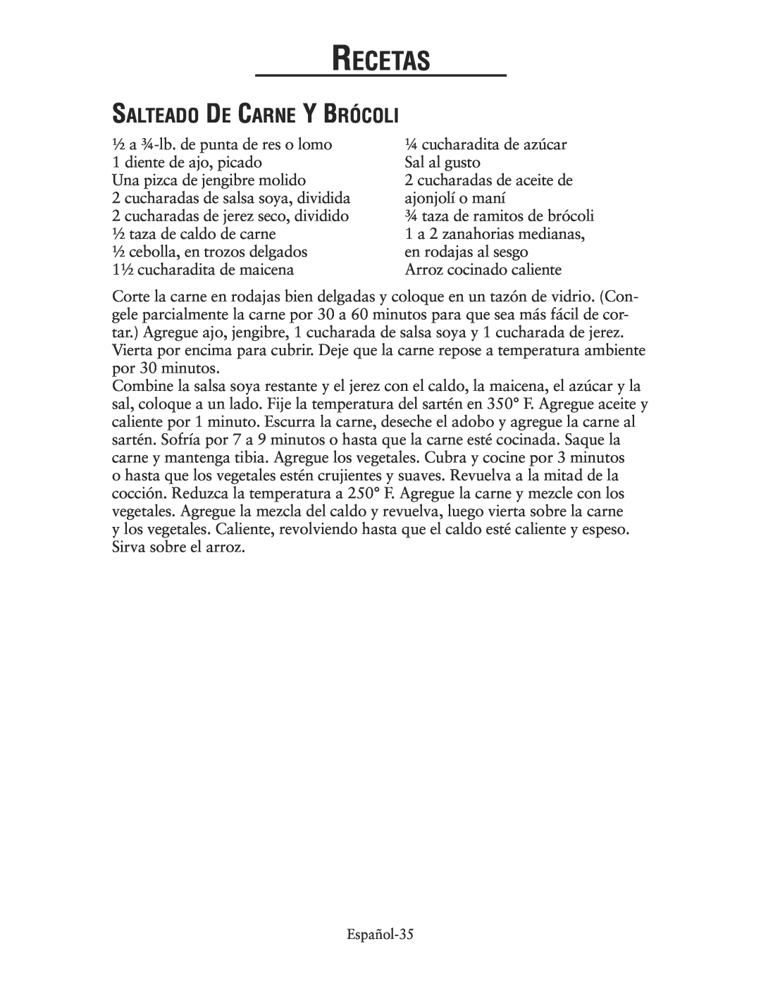 Oster CKSTSKRM20 user manual Salteado De Carne Y Brócoli, Recetas 