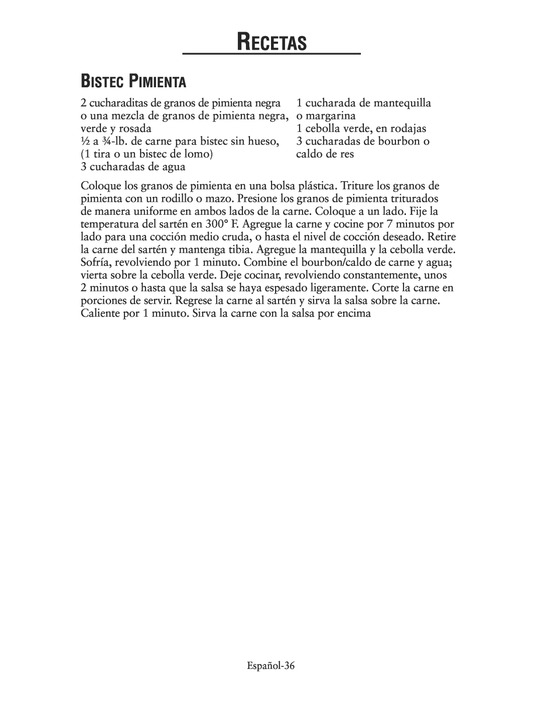 Oster CKSTSKRM20 user manual Bistec Pimienta, Recetas 