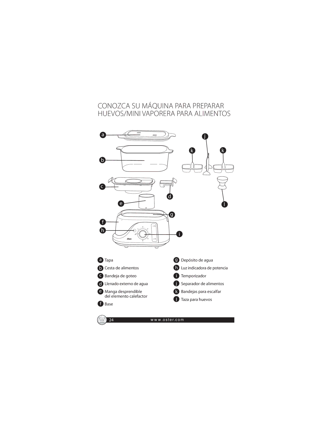 Oster CKSTSTMM10 warranty Tapa Depósito de agua Cesta de alimentos 