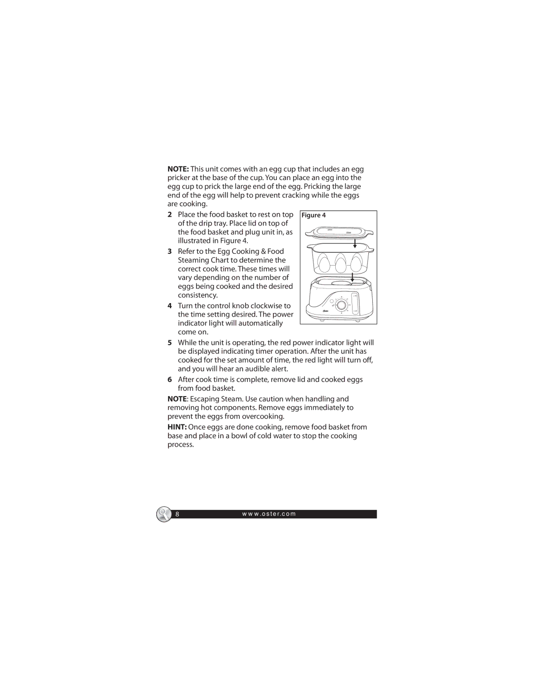 Oster CKSTSTMM10 warranty Refer to the Egg Cooking & Food Steaming Chart to determine 