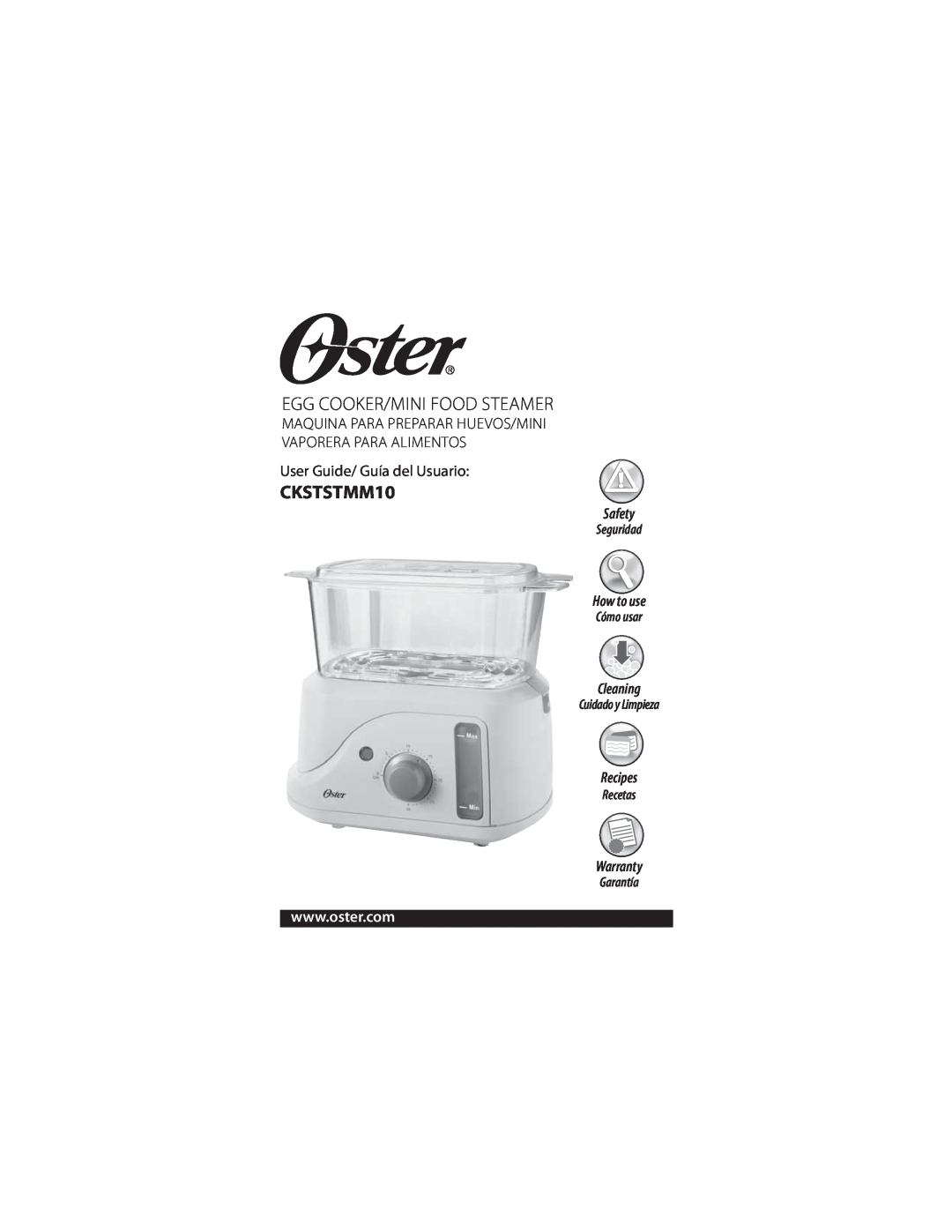 Oster CKSTSTMM10 warranty Egg Cooker/Mini Food Steamer, Safety, How to use, Cleaning, Recipes, Warranty, Seguridad 