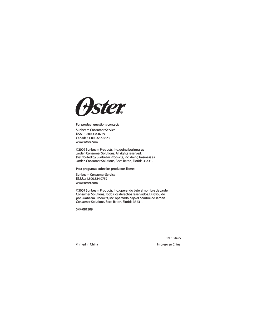 Oster CKSTSTMM10 warranty For product questions contact 
