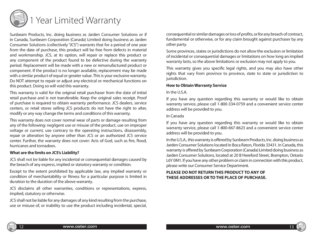 Oster CKSTWF40 warranty What are the limits on JCS’s Liability?, How to Obtain Warranty Service 