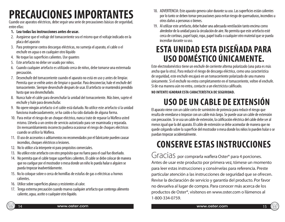 Oster CKSTWF40 Lea todas las instrucciones antes de usar, No lo utilice a la interperie ni para propósitos comerciales 