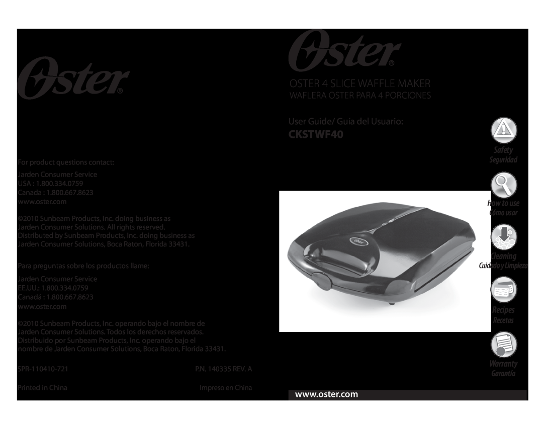 Oster CKSTWF40 warranty Oster 4 Slice Waffle Maker, Waflera Oster para 4 porciones User Guide/ Guía del Usuario, Safety 