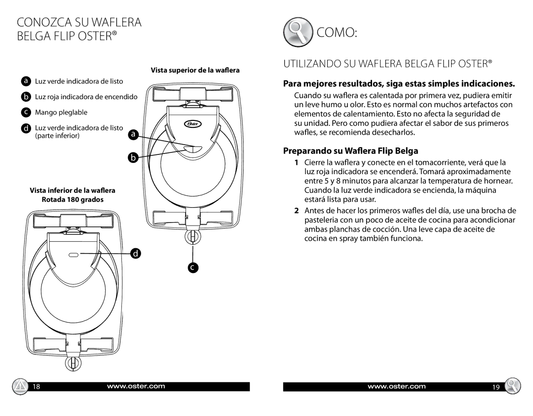 Oster CKSTWFBF05 warranty Preparando su Waflera Flip Belga, Para mejores resultados, siga estas simples indicaciones 