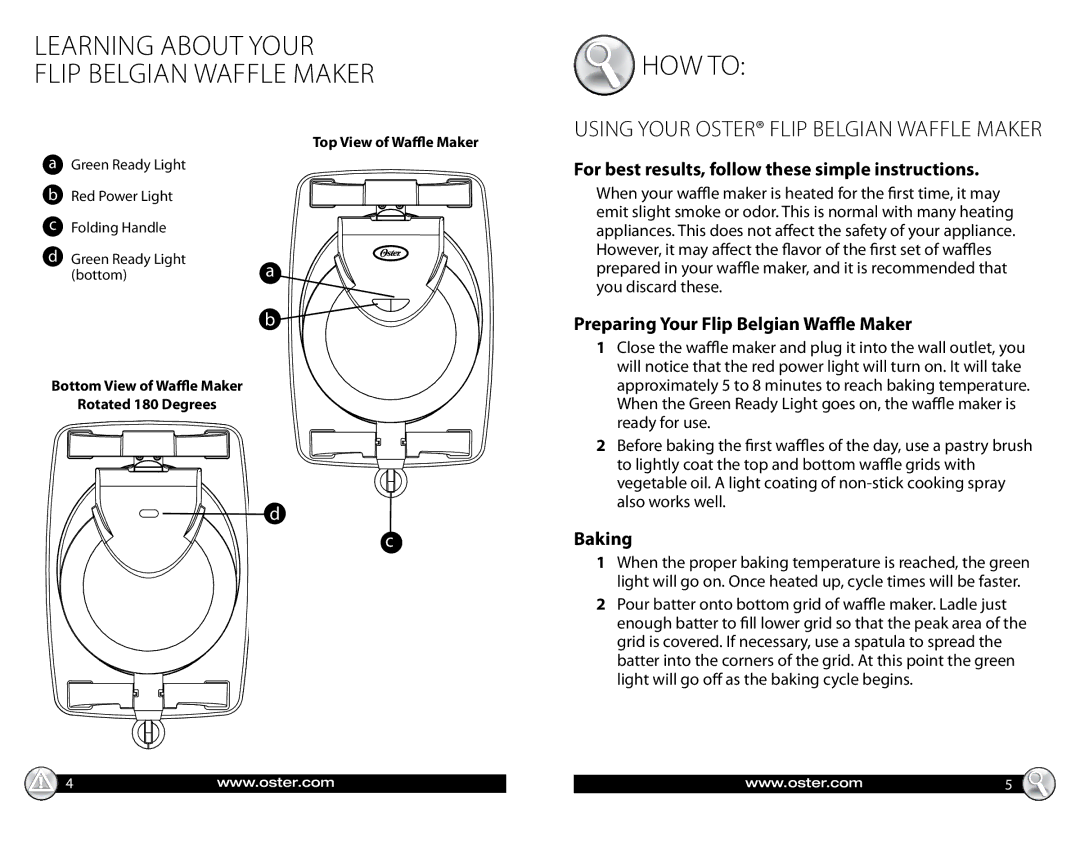 Oster CKSTWFBF05 For best results, follow these simple instructions, Preparing Your Flip Belgian Waffle Maker, Baking 