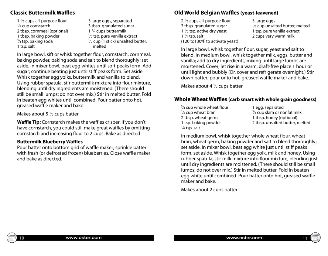 Oster CKSTWFBF05 Classic Buttermilk Waffles, Old World Belgian Waffles yeast-leavened, Buttermilk Blueberry Waffles 