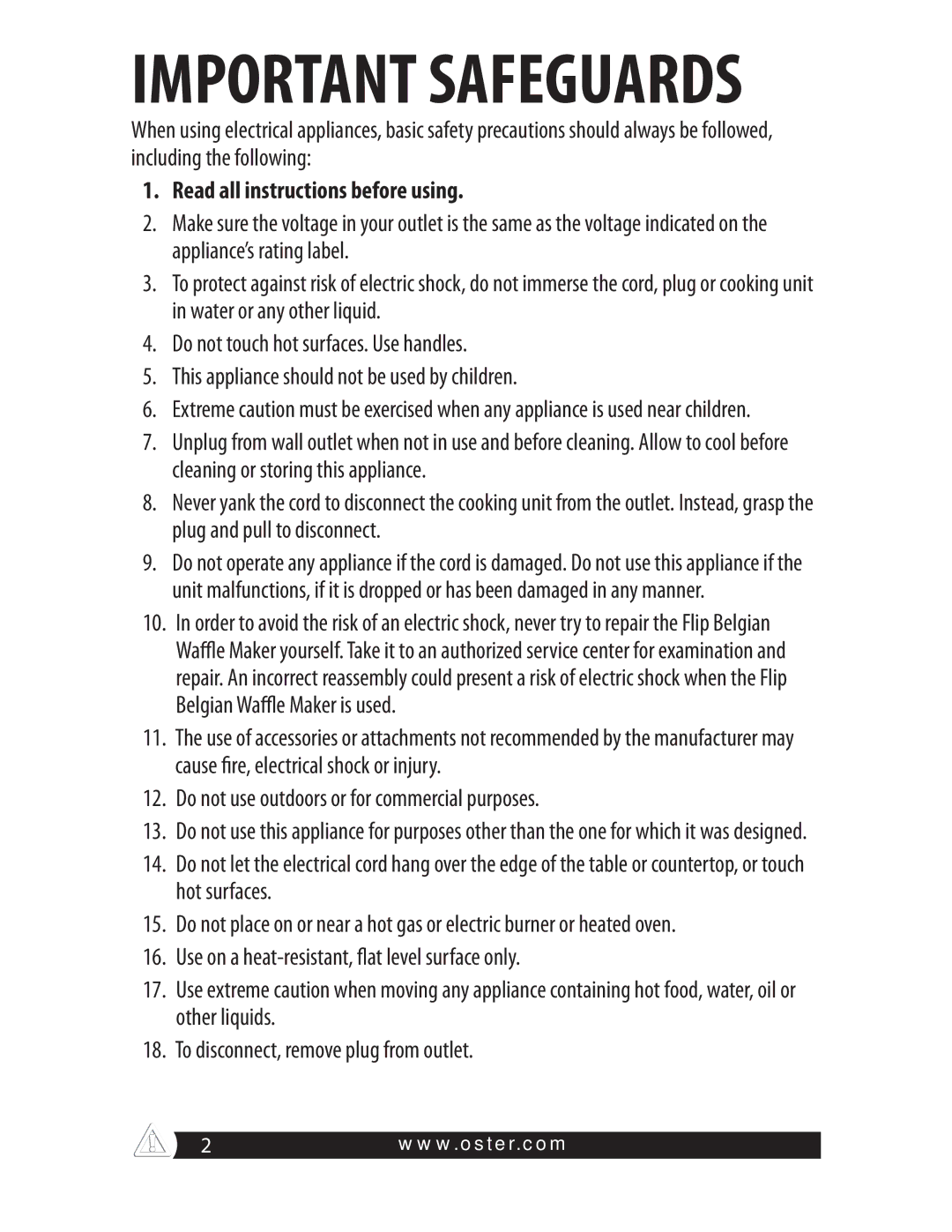 Oster CKSTWFBF20 warranty Important Safeguards, Read all instructions before using 