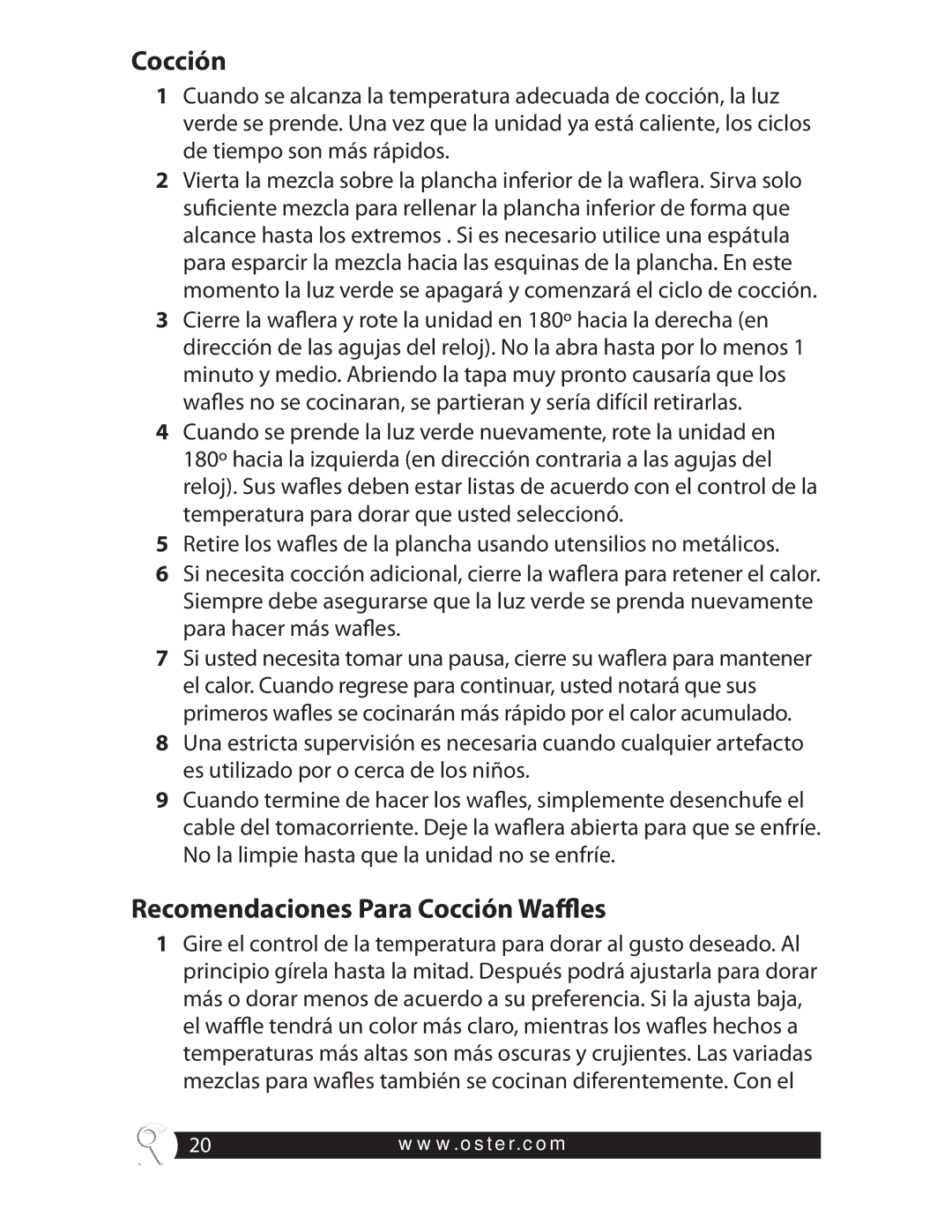 Oster CKSTWFBF20 warranty Recomendaciones Para Cocción Waffles 