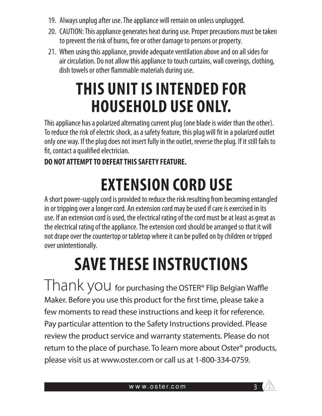 Oster CKSTWFBF20 warranty Household USE only 