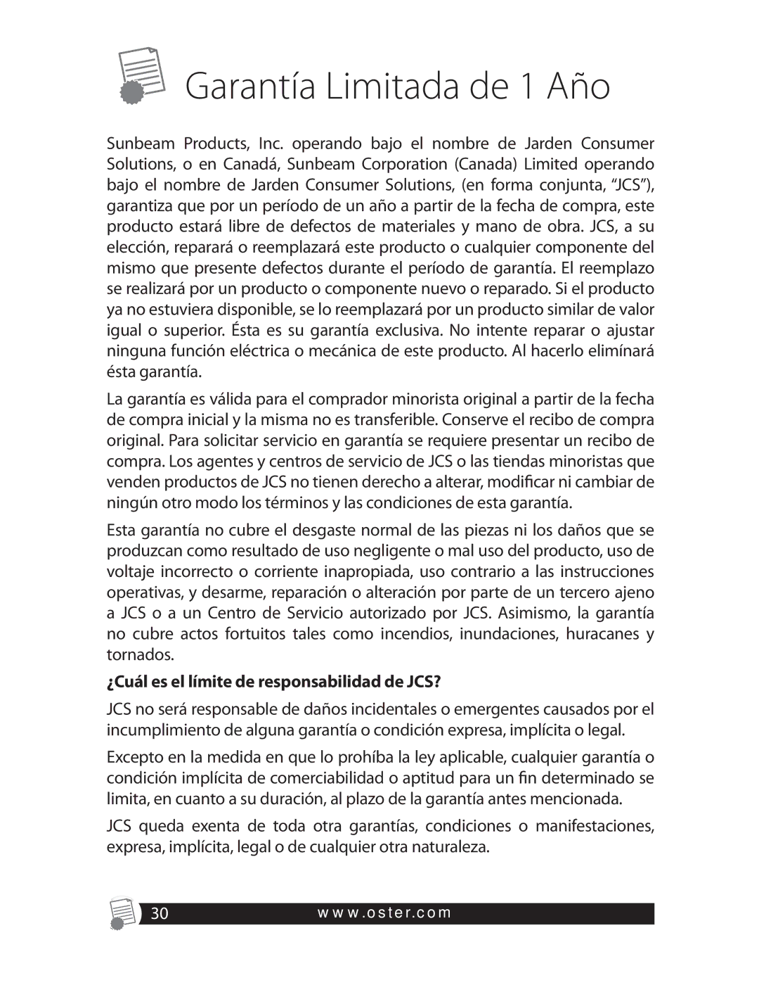 Oster CKSTWFBF20 warranty Garantía Limitada de 1 Año, ¿Cuál es el límite de responsabilidad de JCS? 