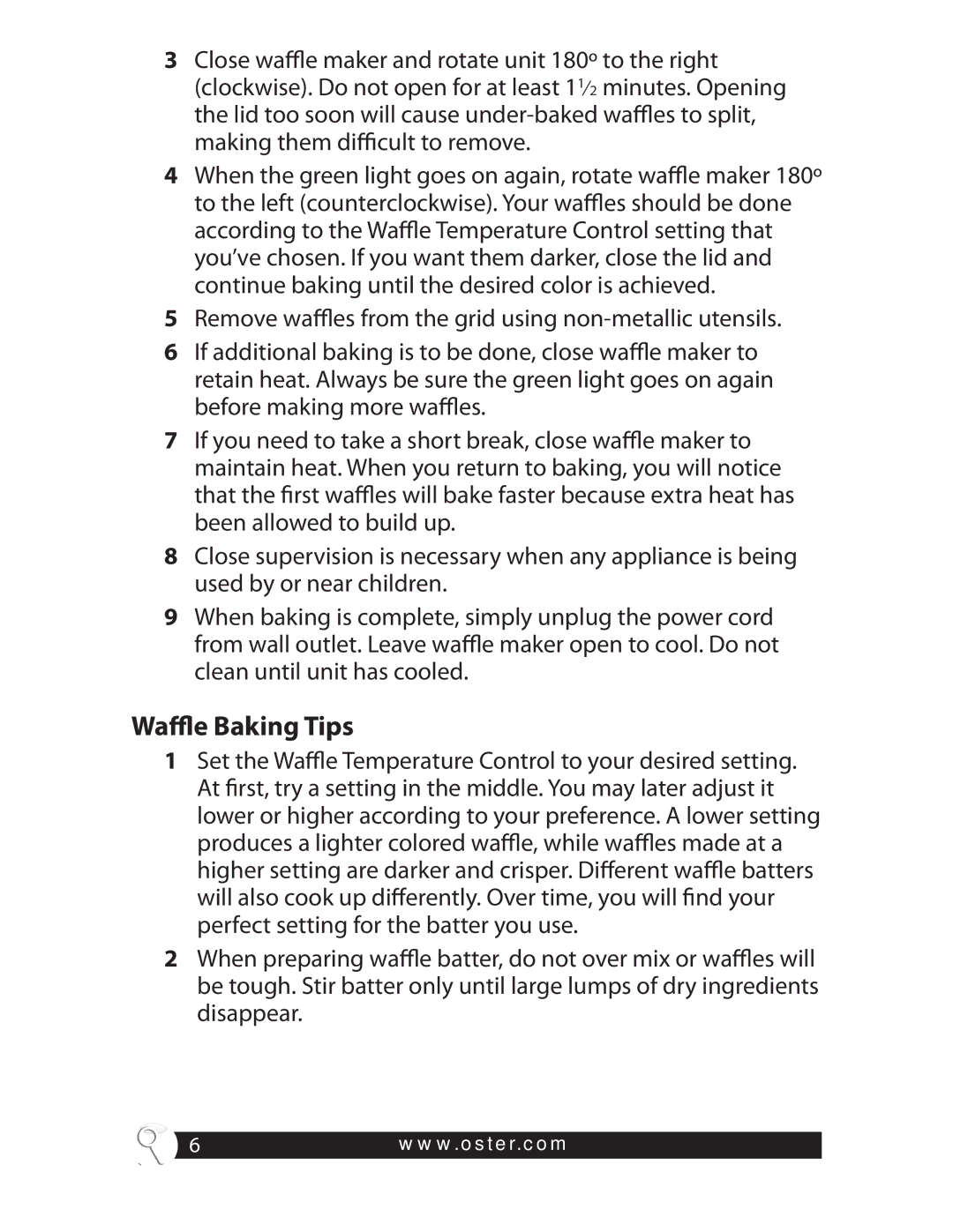 Oster CKSTWFBF20 warranty Waffle Baking Tips 