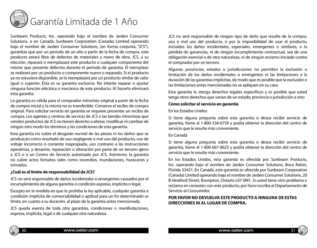 Oster CKSTWFBF20 warranty ¿Cuál es el límite de responsabilidad de JCS?, Cómo solicitar el servicio en garantía 