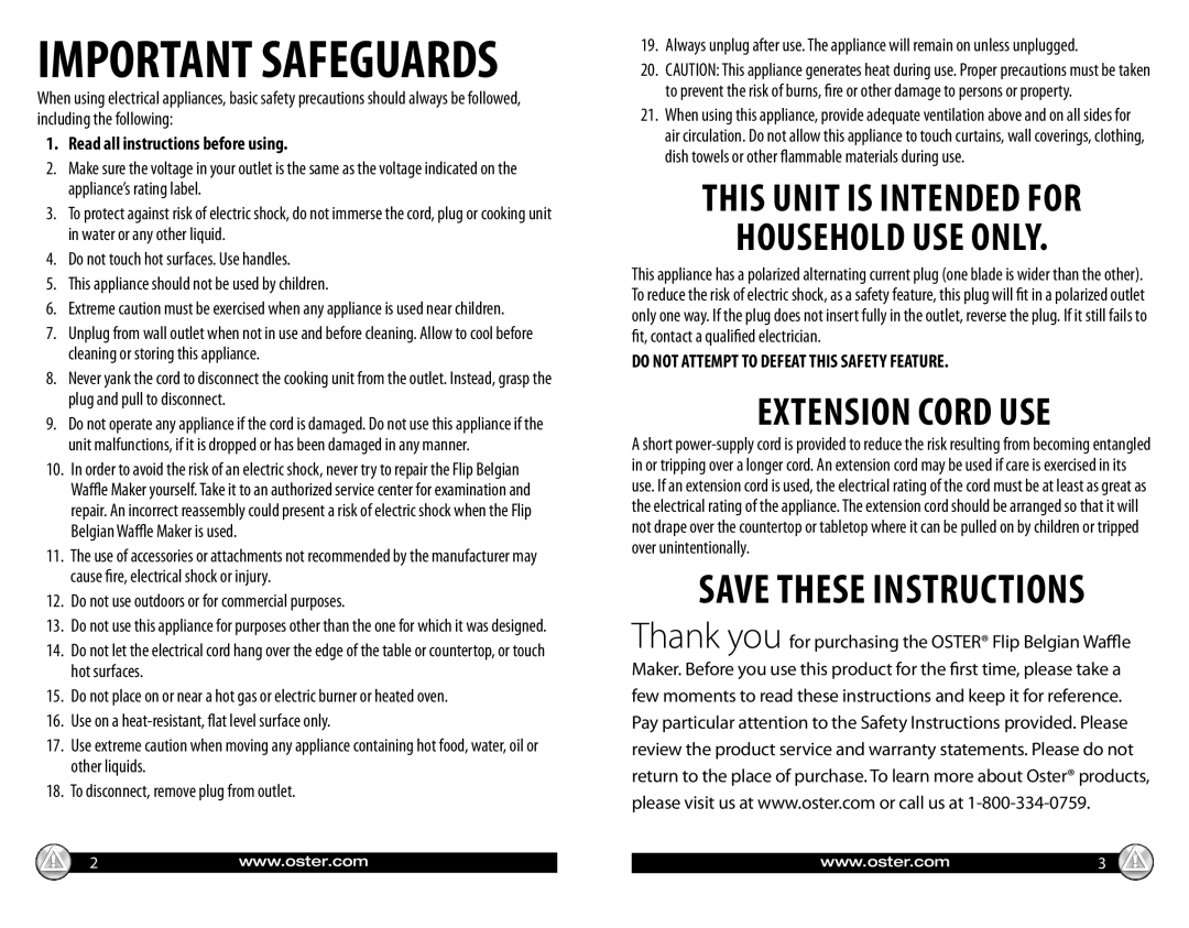 Oster CKSTWFBF20 warranty Important Safeguards, Read all instructions before using 