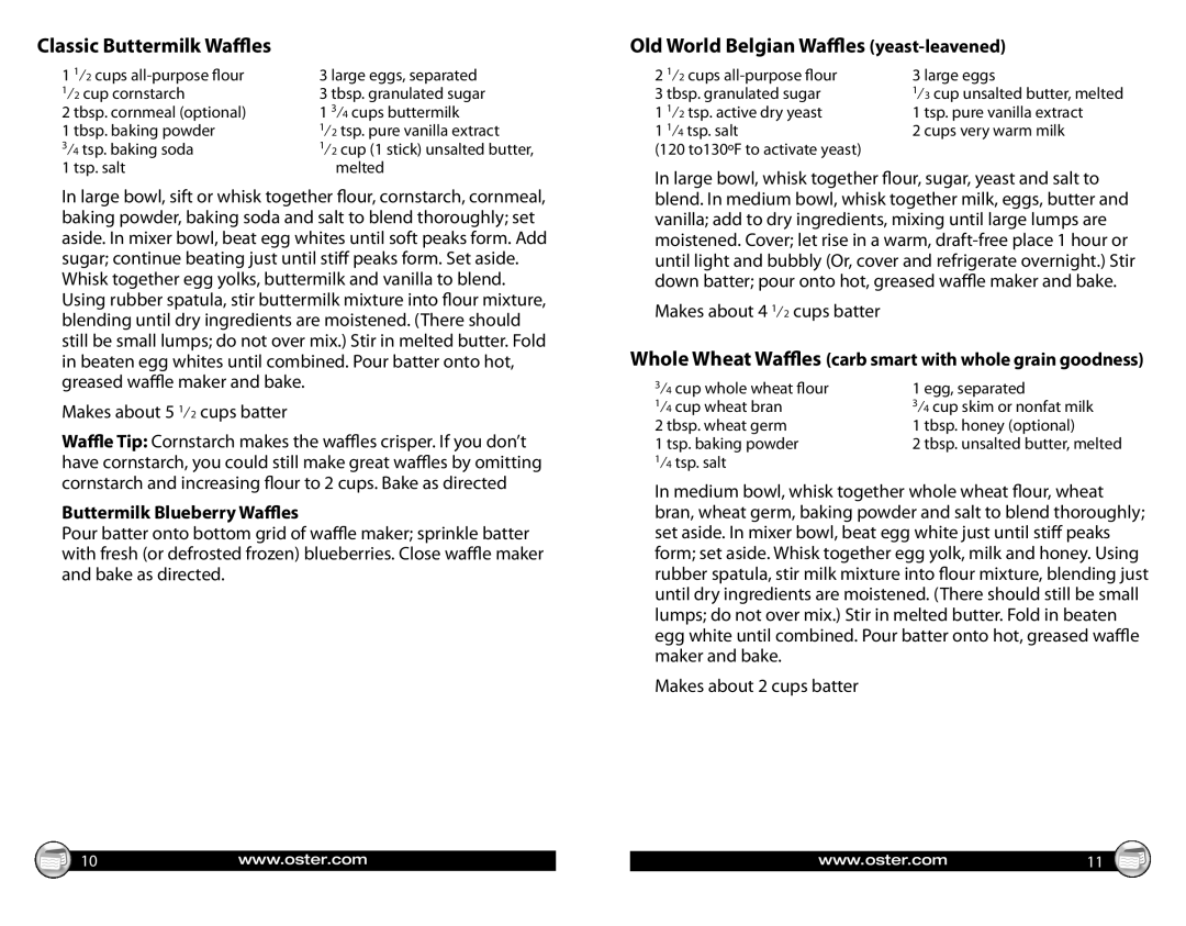 Oster CKSTWFBF20 warranty Classic Buttermilk Waﬄes, Old World Belgian Waﬄes yeast-leavened, Buttermilk Blueberry Waﬄes 