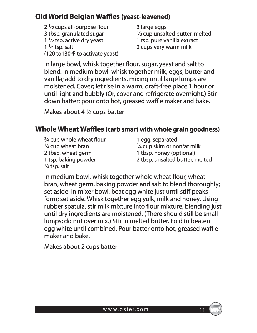 Oster CKSTWFBF20 warranty Old World Belgian Waffles yeast-leavened 