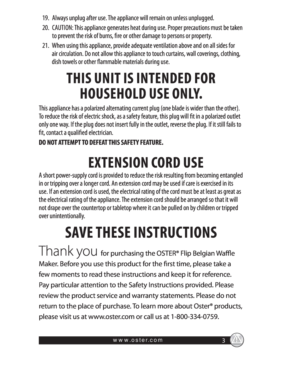 Oster CKSTWFBF20 warranty Household Use Only, Extension Cord Use, Do Not Attempt To Defeat This Safety Feature 