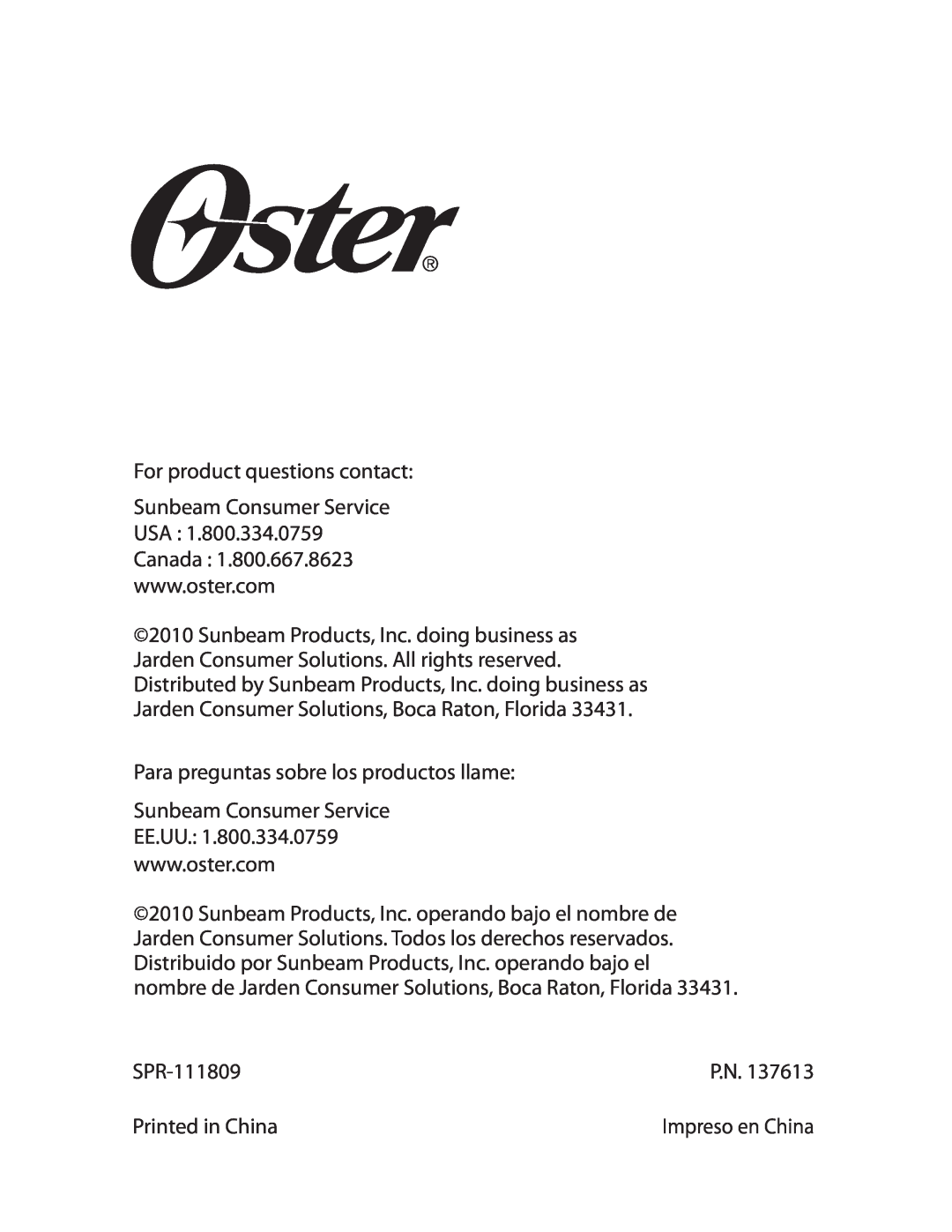 Oster CKSTWFBF20 warranty For product questions contact 