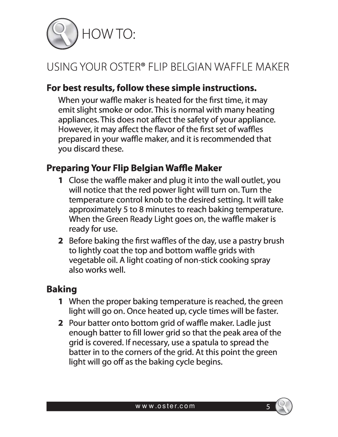 Oster CKSTWFBF20 How To, Preparing Your Flip Belgian Waffle Maker, Baking, Using Your Oster Flip Belgian Waffle Maker 