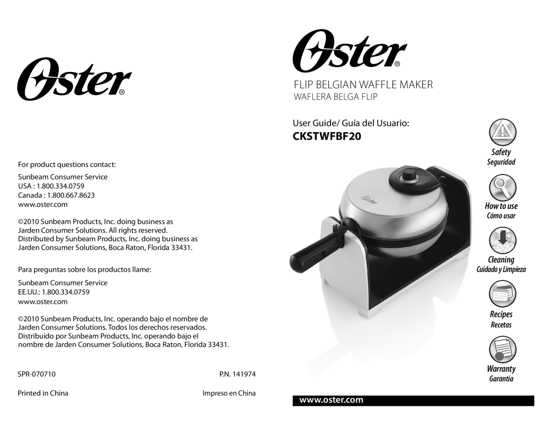 Oster CKSTWFBF20 warranty Flip Belgian Waffle Maker, WAFLERA BELGA FLIP User Guide/ Guía del Usuario, Safety, How to use 