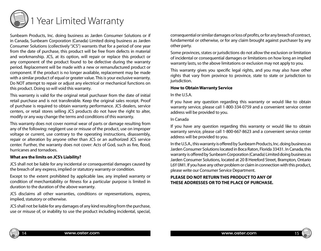 Oster CKSTWFBF20 warranty Year Limited Warranty, What are the limits on JCS’s Liability?, How to Obtain Warranty Service 