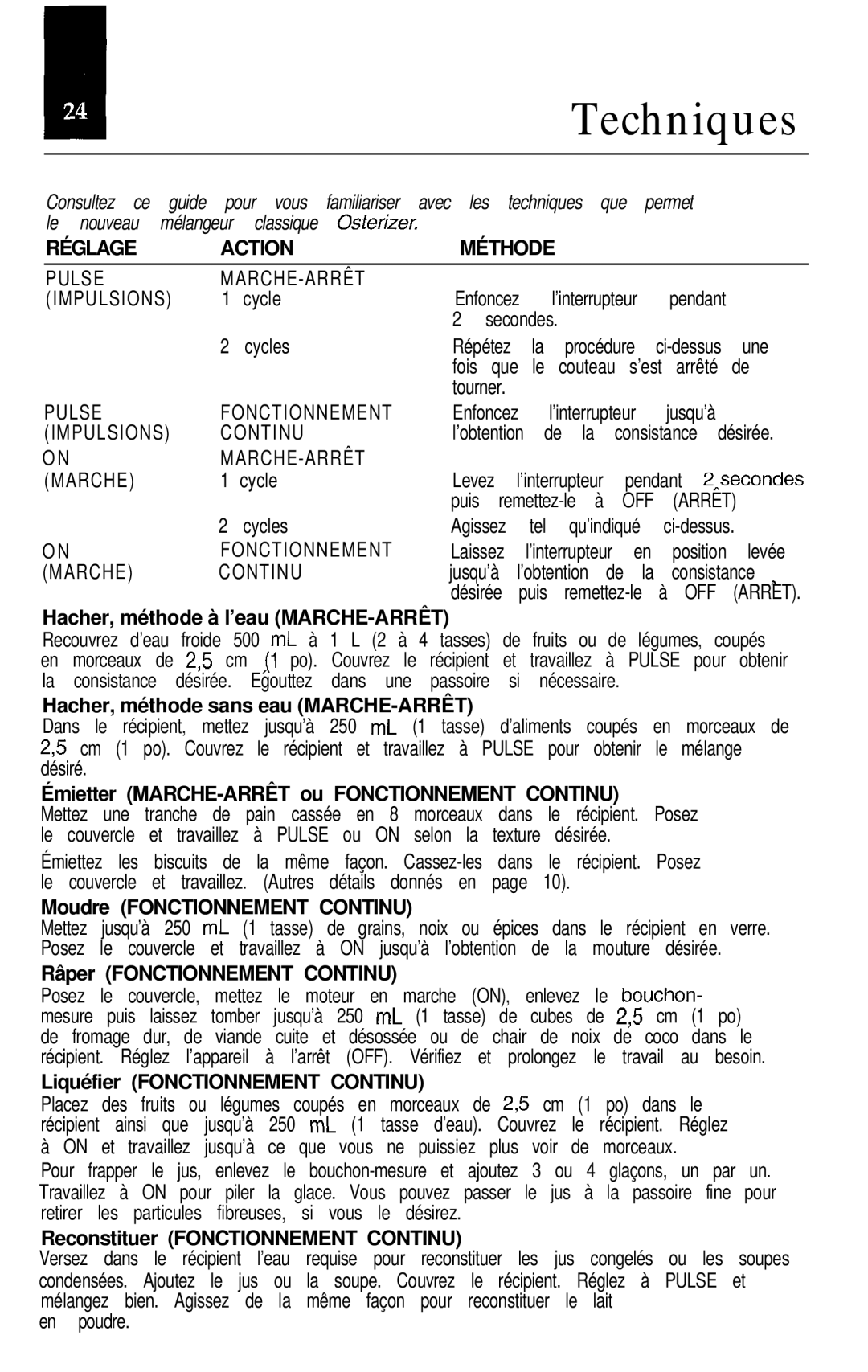 Oster Classic blender manual Techniques 