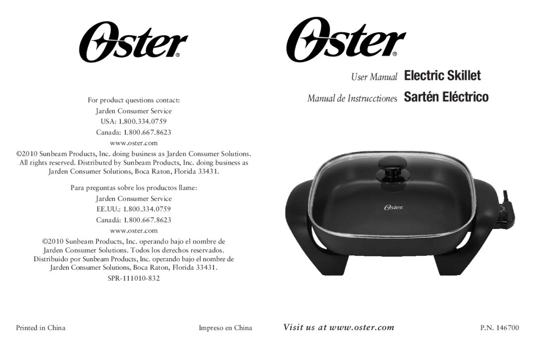 Oster Cookware user manual Electric Skillet Sartén Eléctrico 