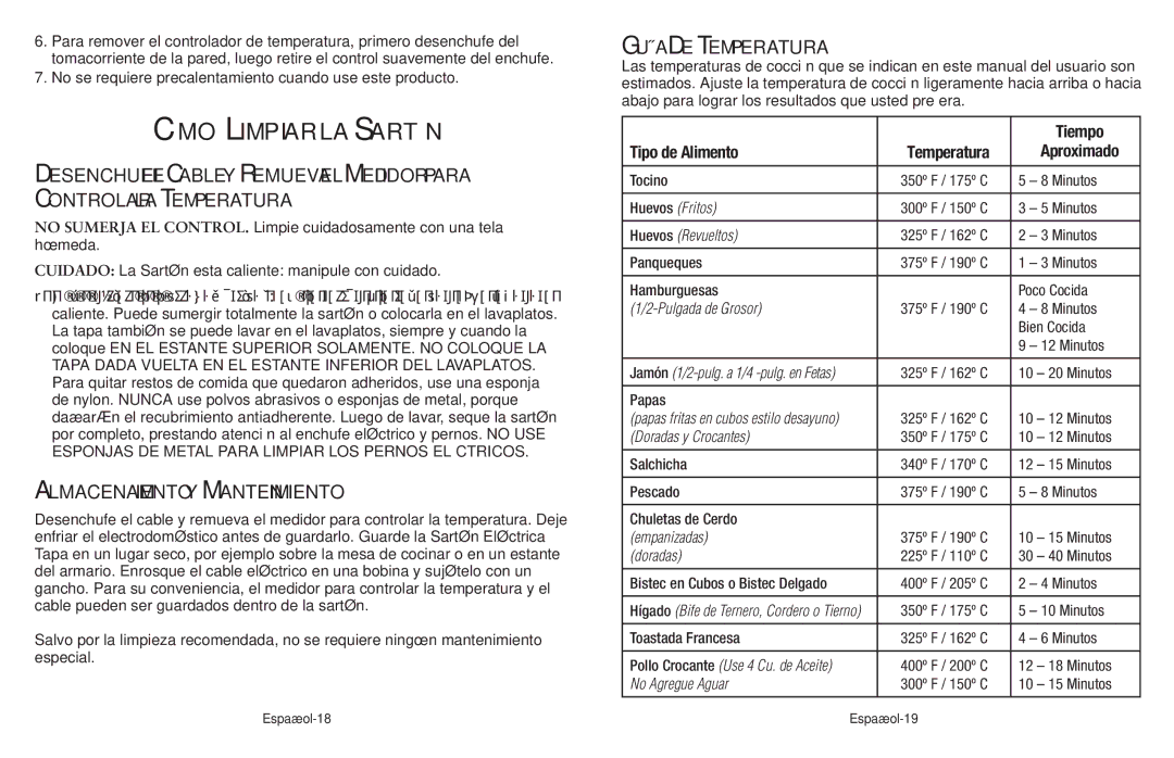 Oster Cookware user manual Cómo Limpiar la Sartén, Almacenamiento y Mantenimiento, Guía De Temperatura 