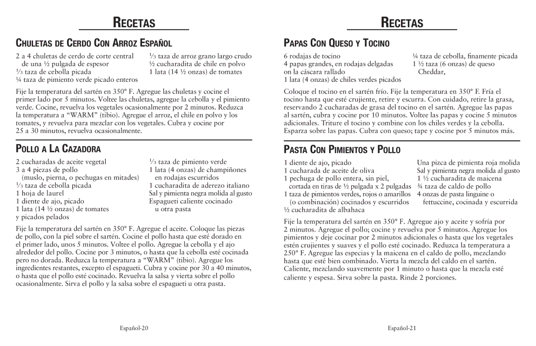 Oster Cookware user manual Chuletas de Cerdo Con Arroz Español, Pollo a La Cazadora, Papas Con Queso y Tocino 