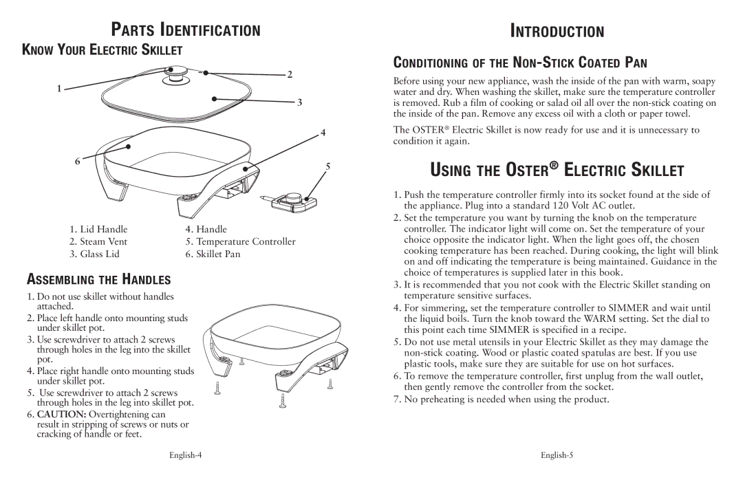 Oster Cookware user manual Parts Identification, Introduction, Using the Oster Electric Skillet 