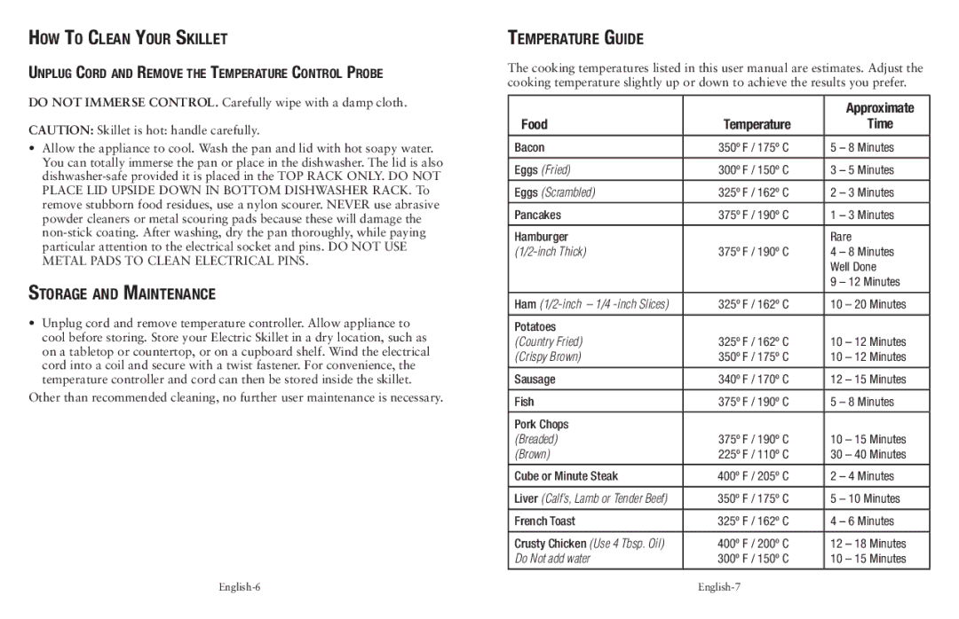 Oster Cookware user manual How To Clean Your Skillet, Storage and Maintenance, Temperature Guide, Food Temperature Time 