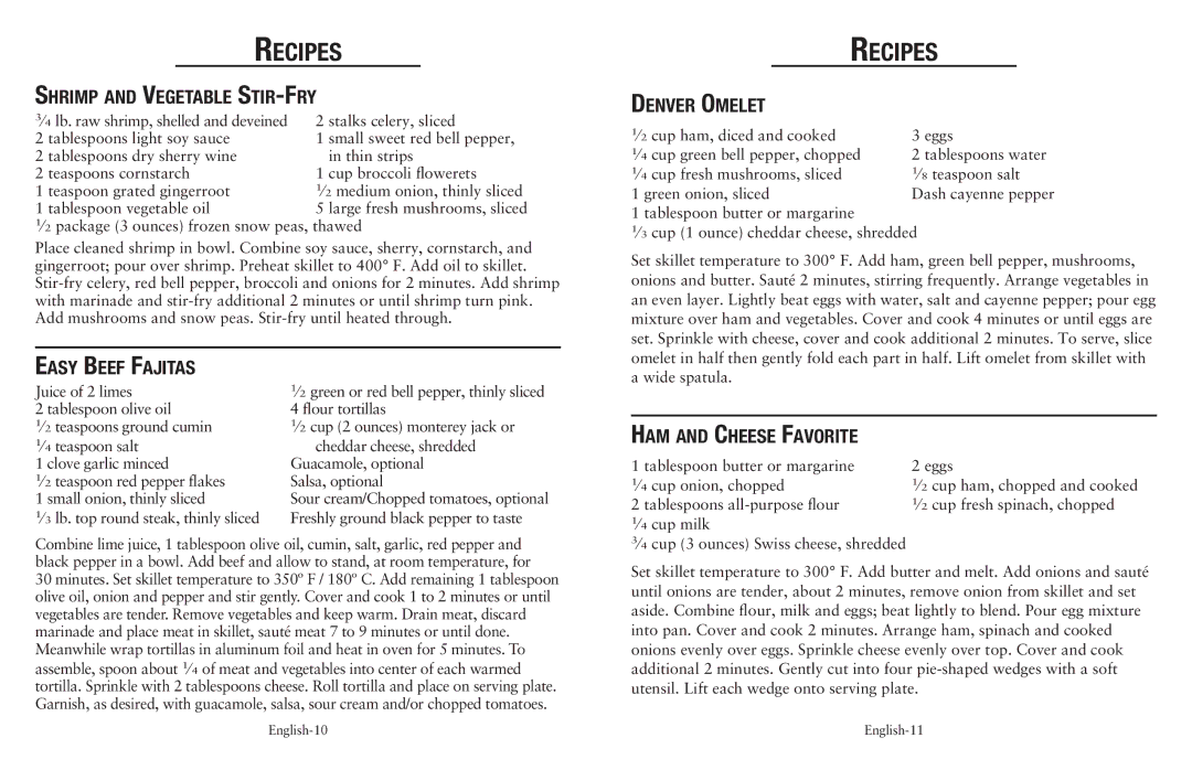 Oster Cookware user manual Shrimp and Vegetable Stir-Fry, Easy Beef Fajitas, Denver Omelet, Ham and Cheese Favorite 