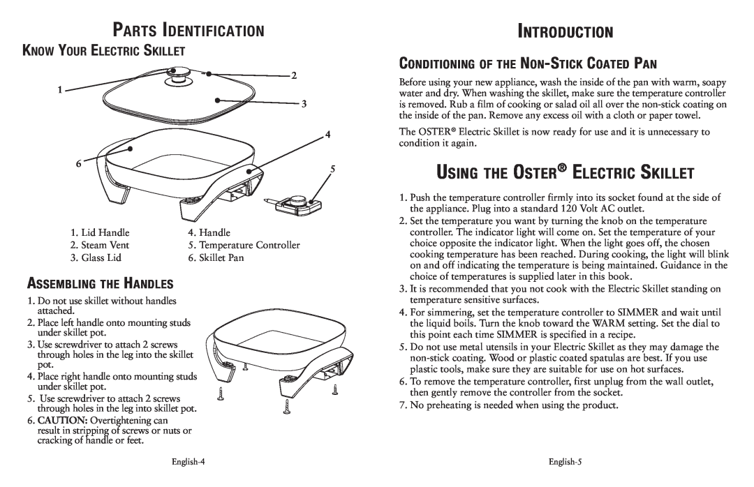 Oster Cookware user manual Parts Identification, Introduction, Using the Oster Electric Skillet, Know Your Electric Skillet 
