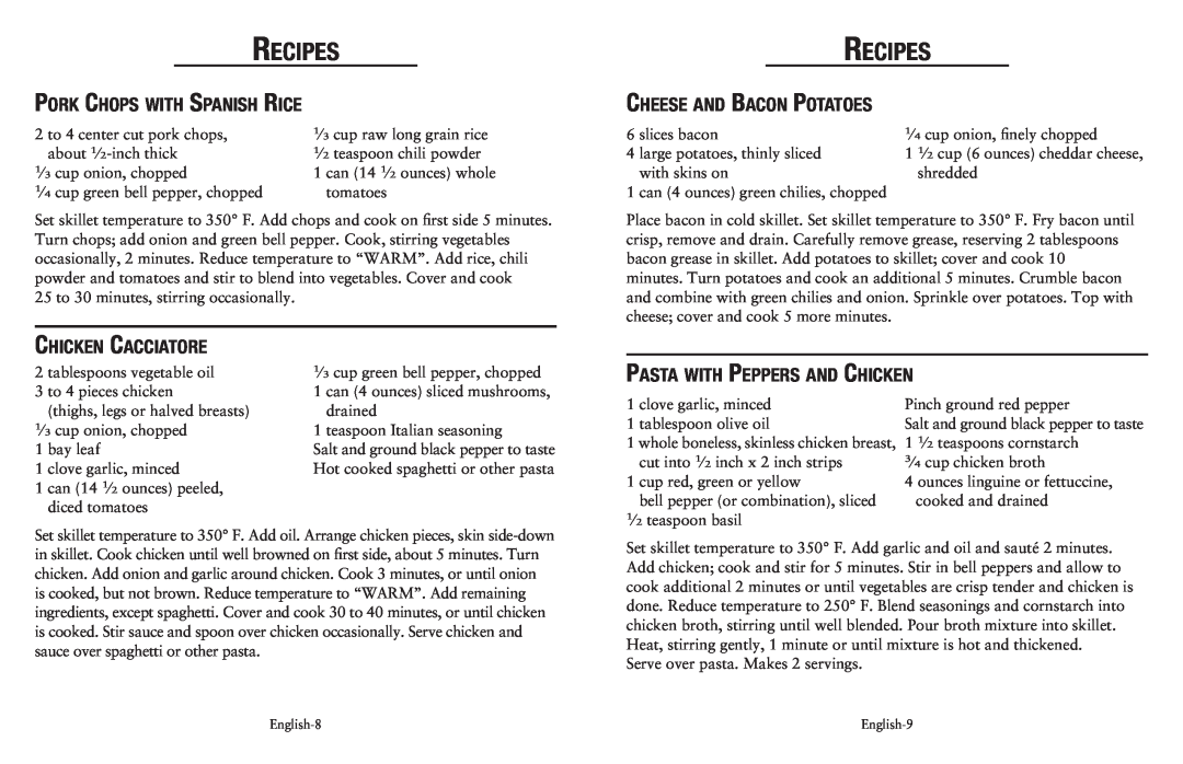 Oster Cookware user manual Recipes, Pork Chops with Spanish Rice, Chicken Cacciatore, Cheese and Bacon Potatoes 